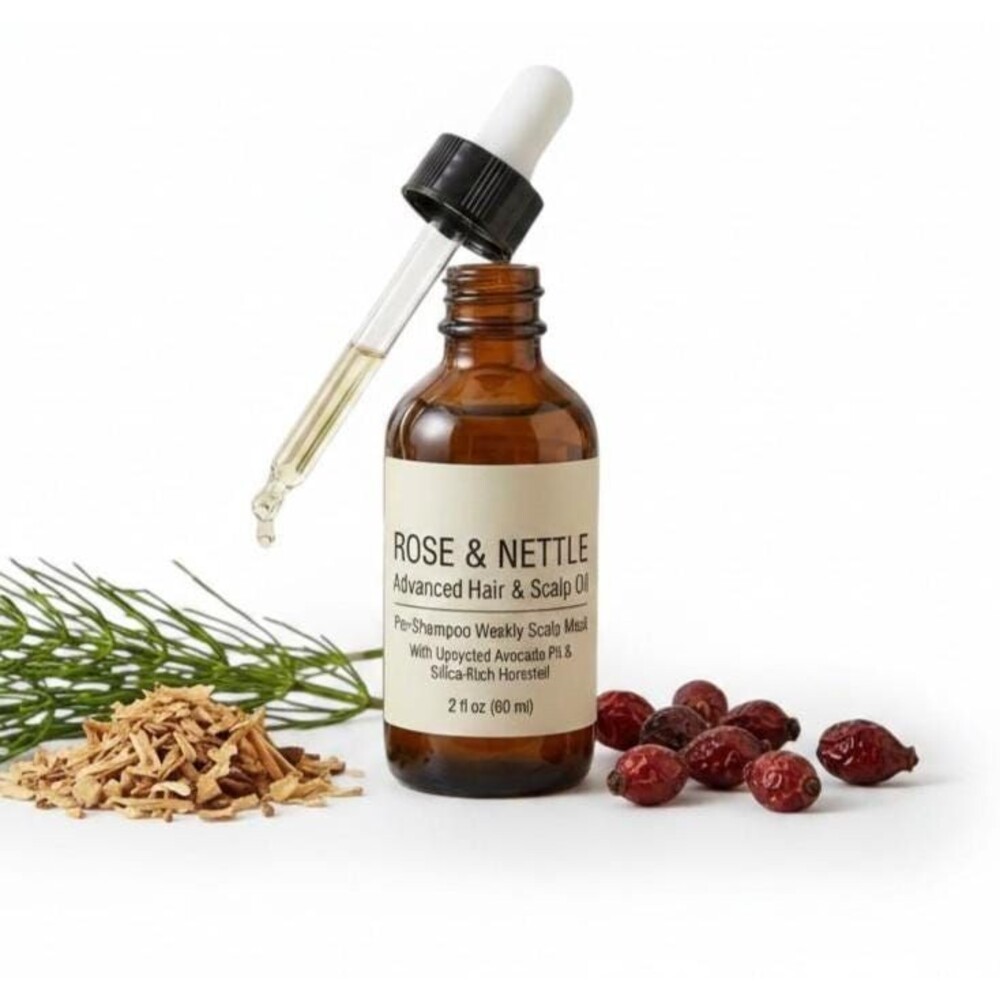 Rose Nettle Hair Oil, Botanical Pre-Shampoo, Horsetail & Nettle Infusion